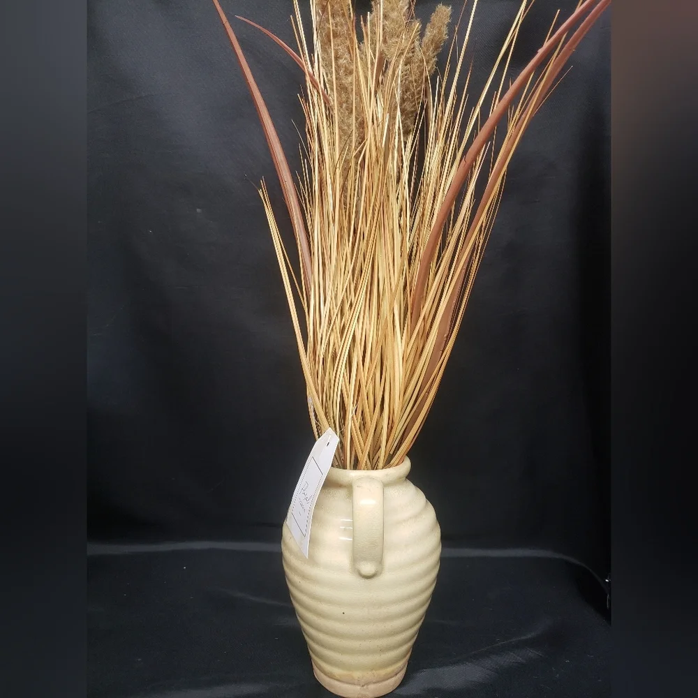 NWT Neutral Tan Crackle Glaze Ceramic Vase with Dried Floral Arrangement